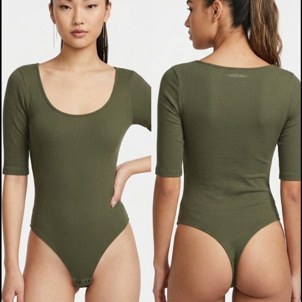 Express Olive Green Ribbed Bodysuit Square Neck Minimalist Capsule XS